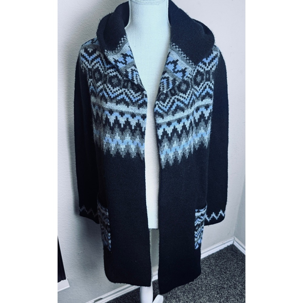 Cynthia Rowley Womens Black Blue Fair Isle Hooded Cardigan Sweater Wool Blend S